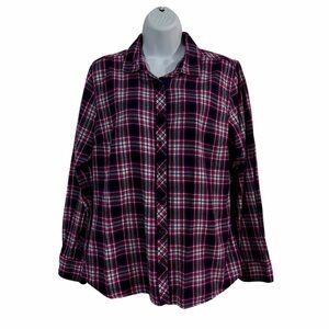 Eddie Bauer Purple Plaid Flannel Button Up Shirt Size Large Casual Layer Basic